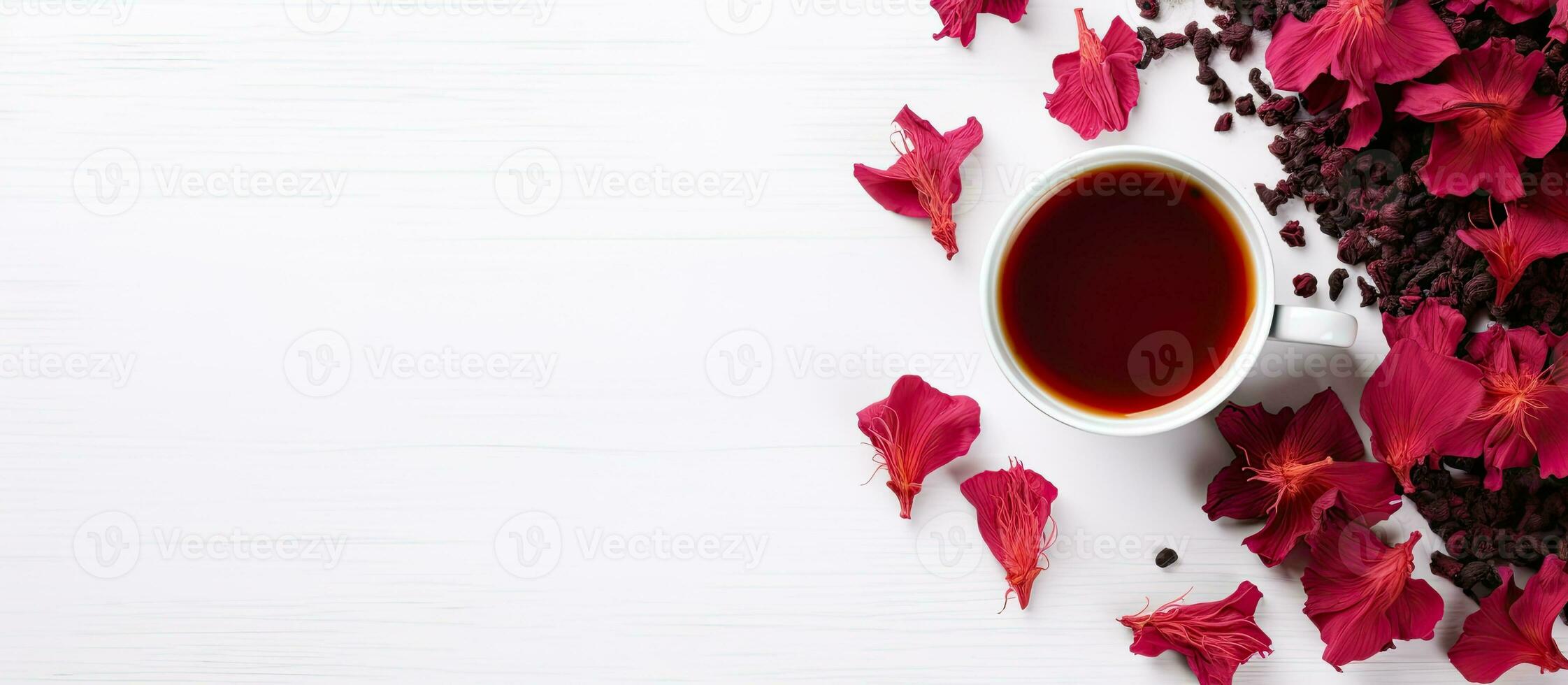 Healthy herbal tea for a healthy lifestyle - a top view of hibiscus tea and dried hibiscus scattered photo