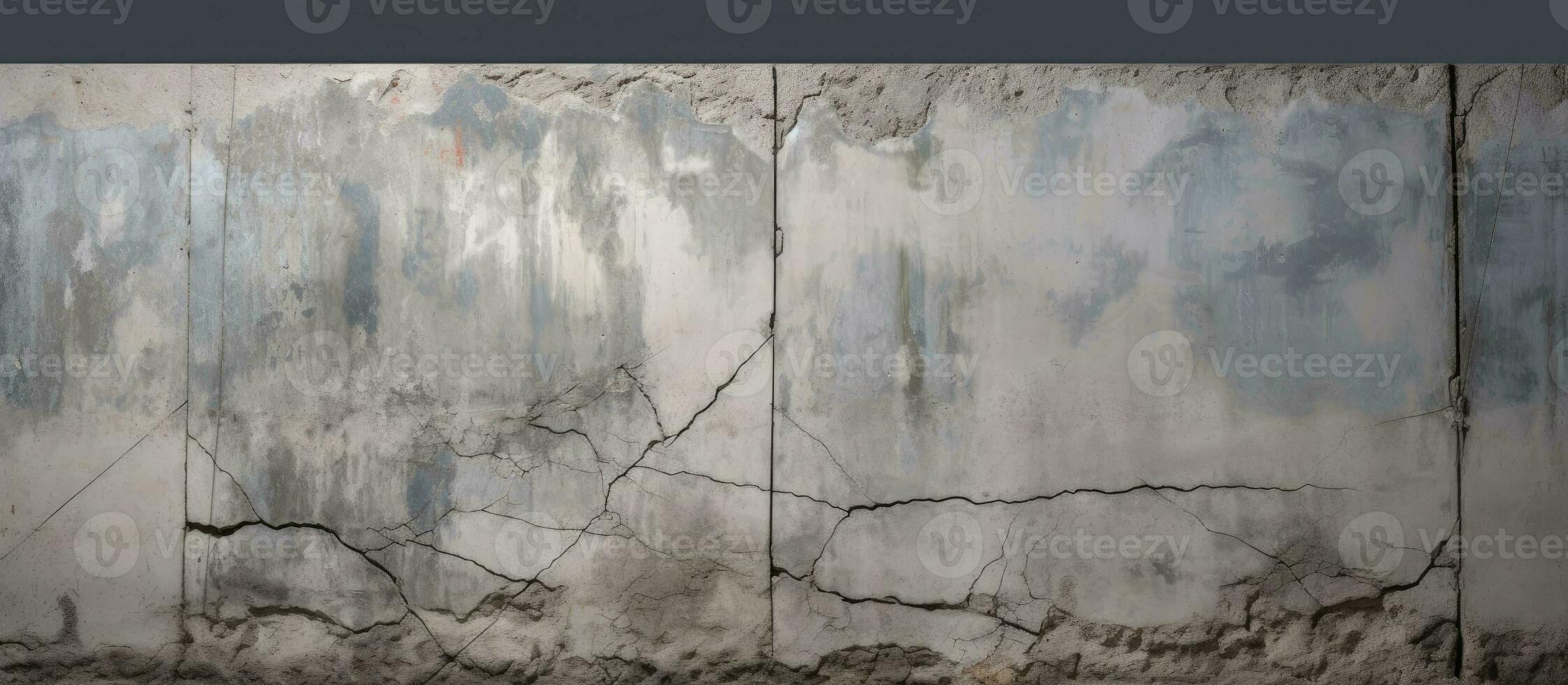 Close-up of an old concrete wall with a large ascending crack, dividing the square surface into photo