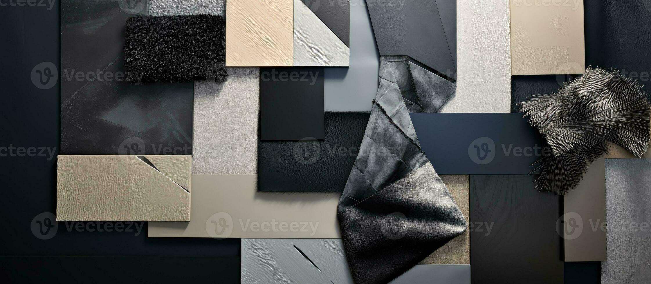 Flat lay composition in shades of grey and black with various textile and paint samples, lamella photo