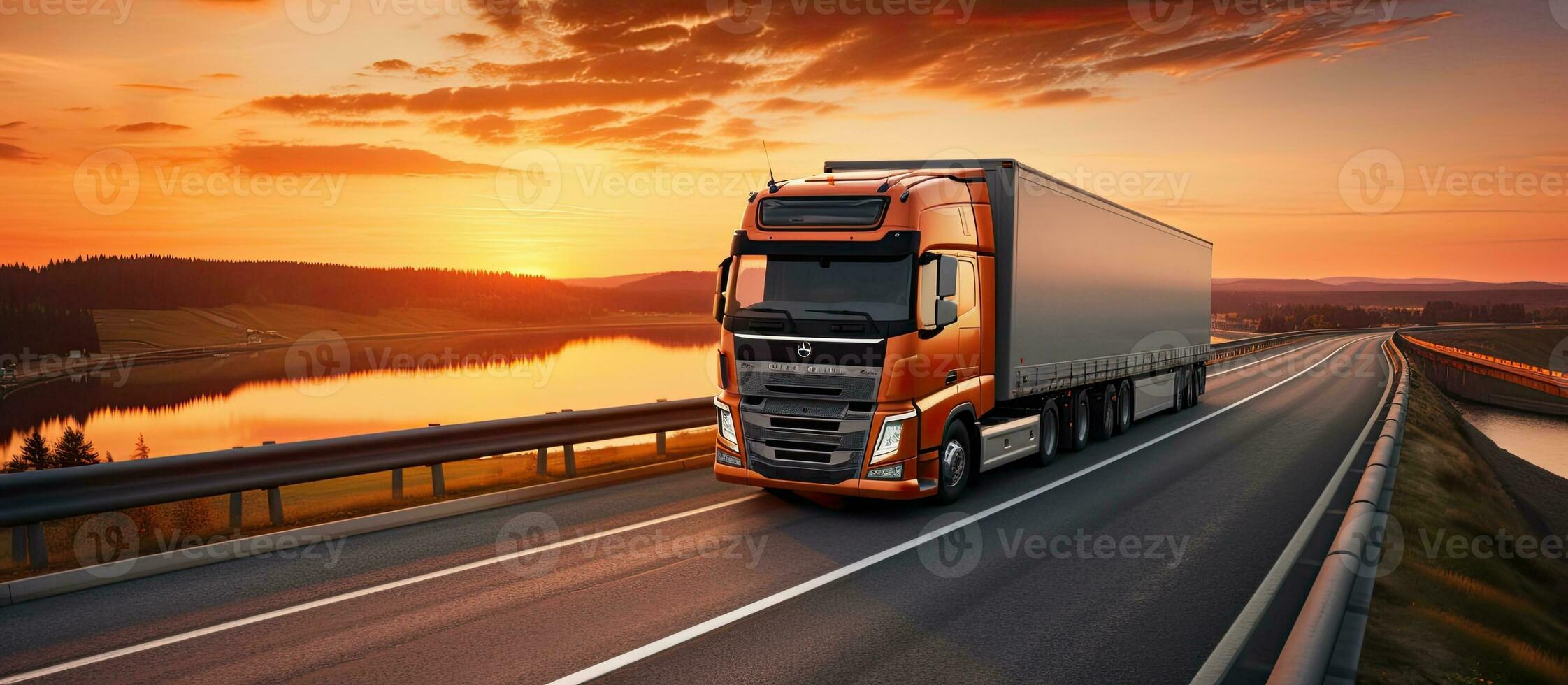 A truck with a trailer is driving on the motorway at night with an orange sunny sunset in the photo
