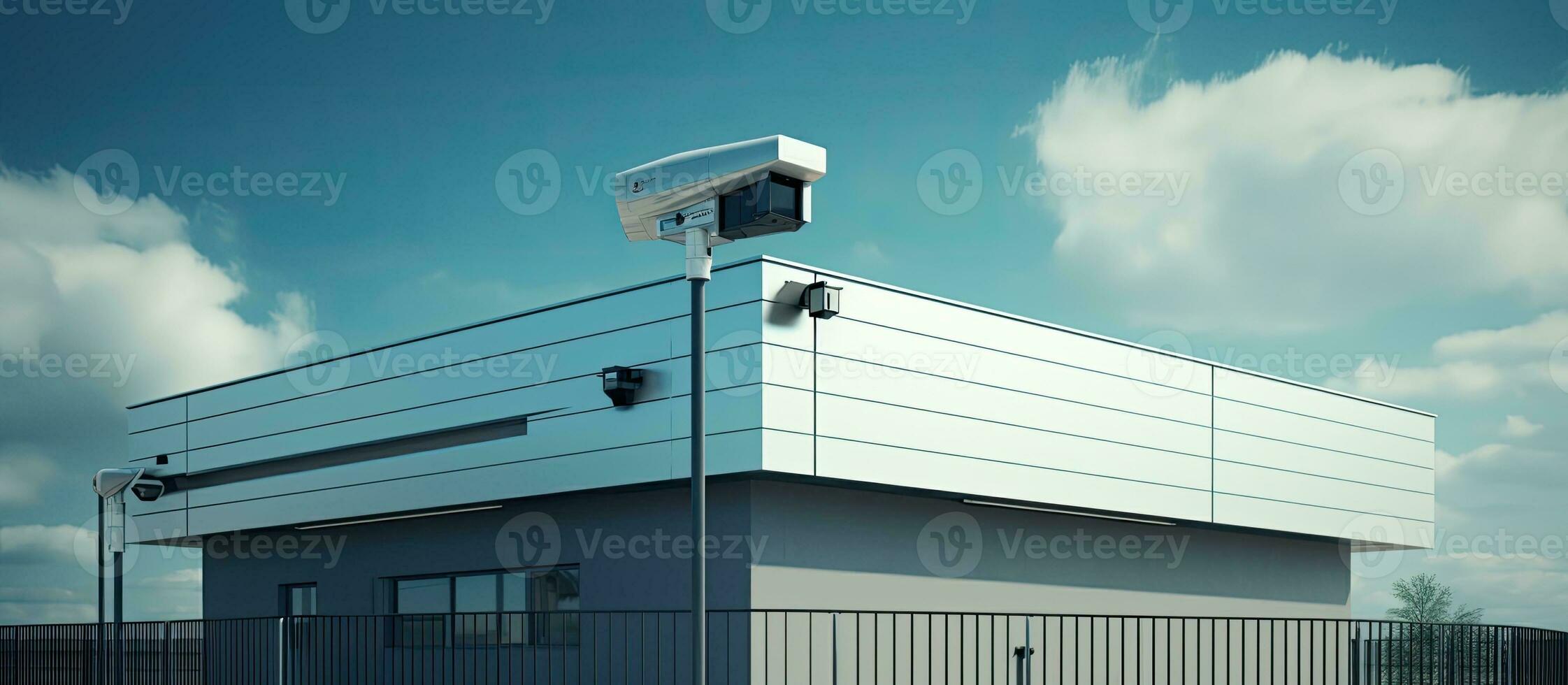 A contemporary building with advanced security features, showcasing a security camera. The concept photo