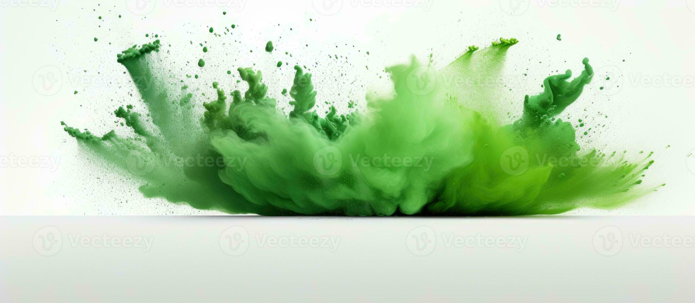 Green powder or dust explosion in a square border on a white backdrop, available space for use. photo