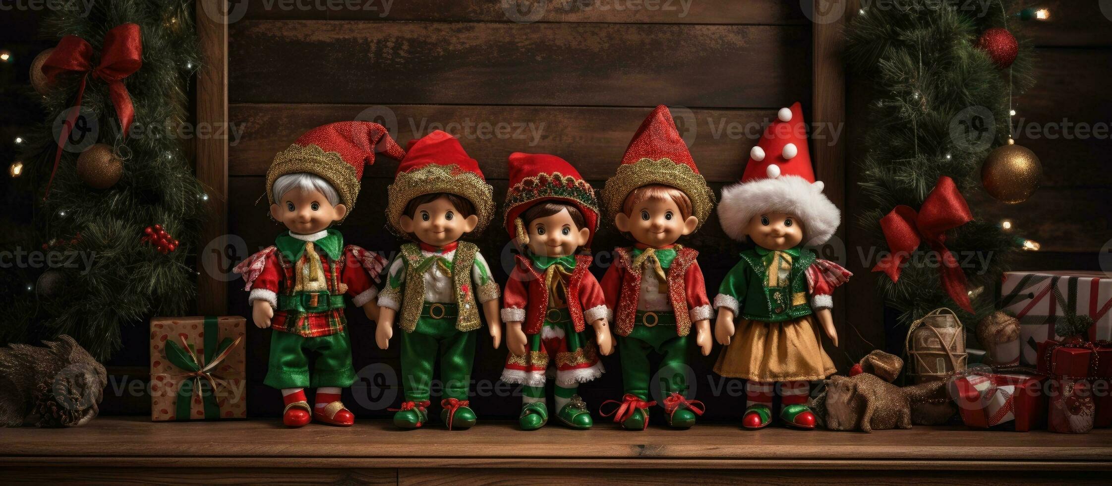 Christmas elves clothing and dolls arranged on a wooden background. empty space around them photo