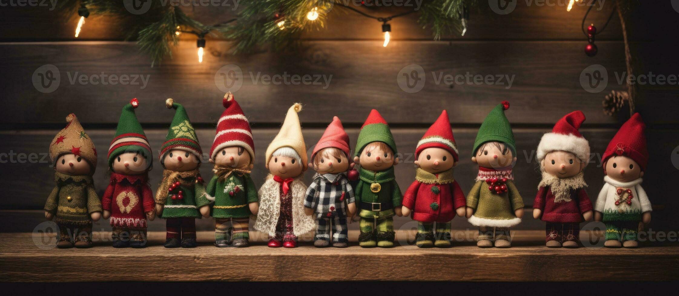 Christmas elves clothing and dolls arranged on a wooden background. empty space around them photo