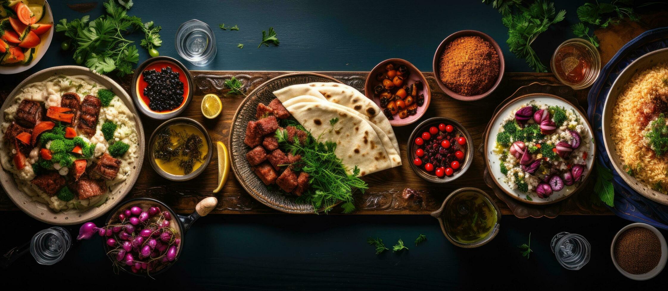 Arabic and Middle Eastern food displayed on a dinner table. The meal includes meat kebab, hummus, photo