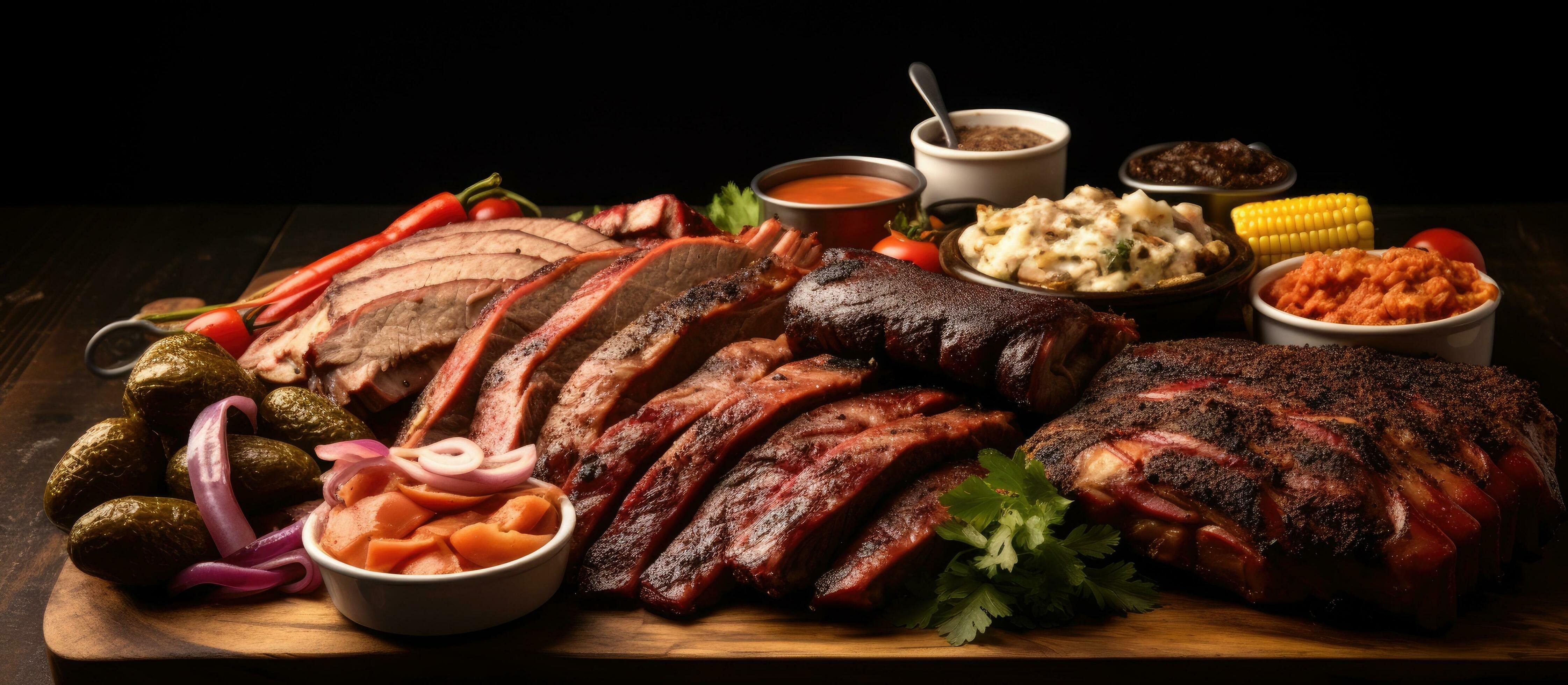 Texas BBQ platter placed on a wooden table with copy space available