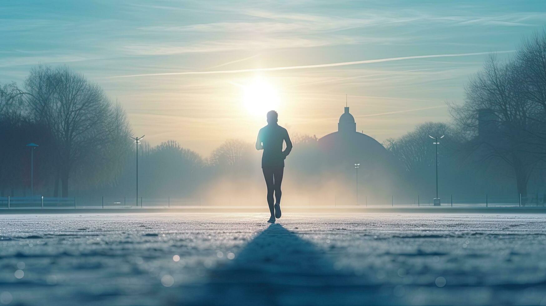 Athlete exercising on frozen track in winter city morning motivation photo