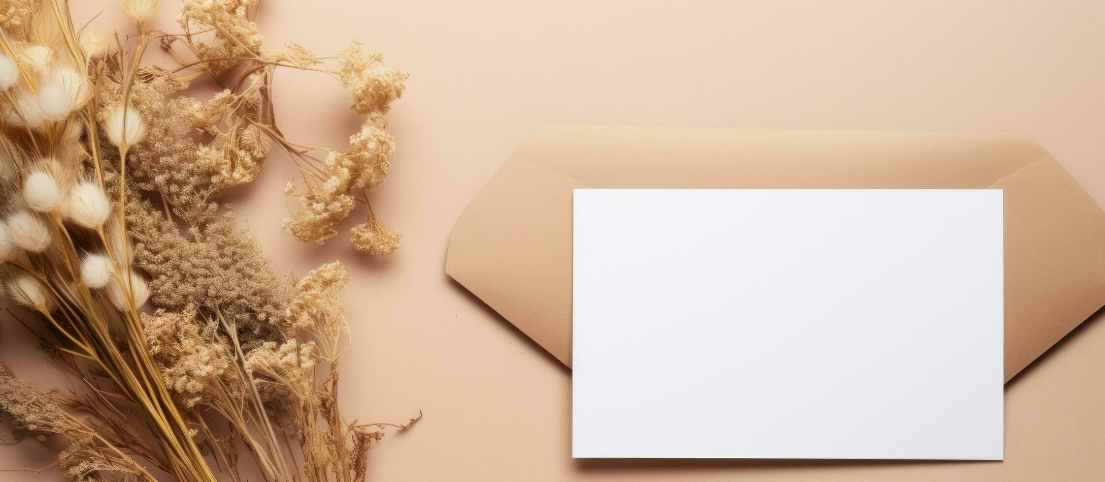 Top view of a blank white card for text and envelope placed beside a bouquet of dried Lagurus photo