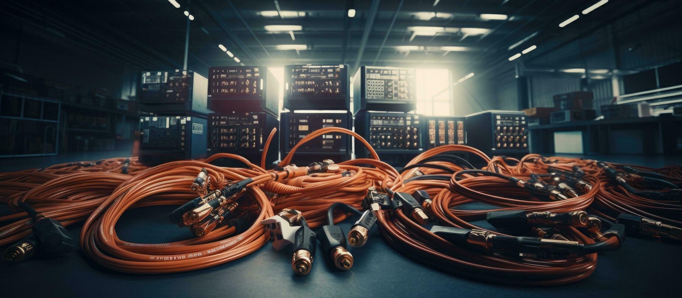 A collection of wiring harnesses with an automobile industry theme, placed against a wide-angle photo