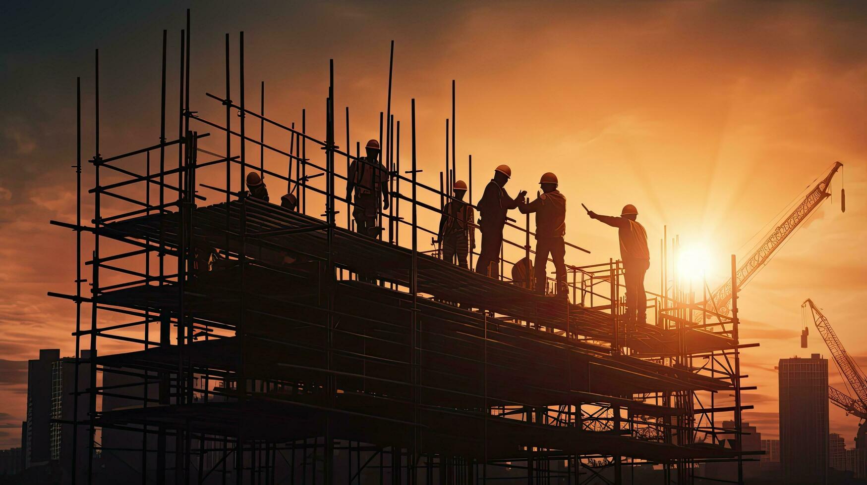 Workers construct homes on tall scaffolding without safety gear Industrial and contemporary urban construction setting Worker protection in labor insurance photo