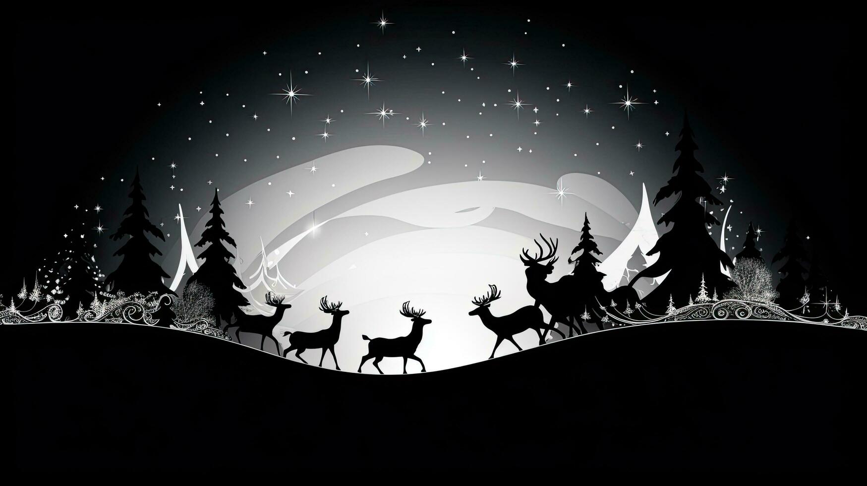 Black and white holiday symbols on a Christmas postcard featuring Santa s reindeer pulled sleigh photo