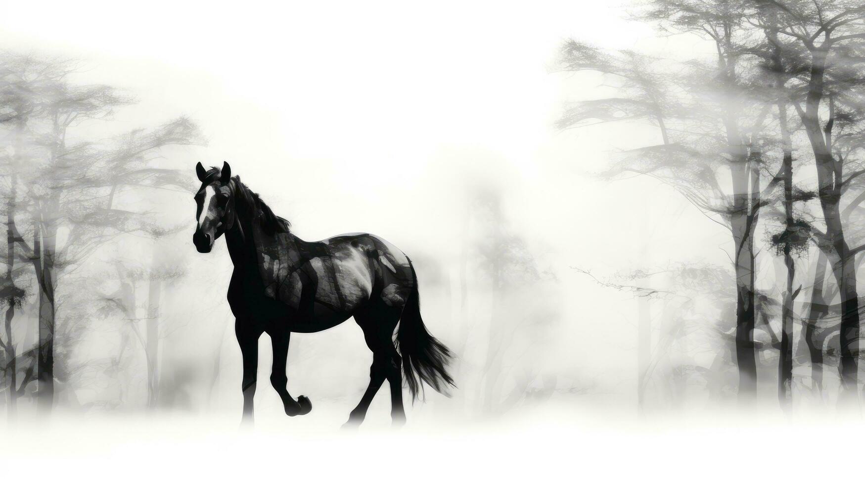 Black and white double exposure merging horse and trees to showcase their connection in nature photo