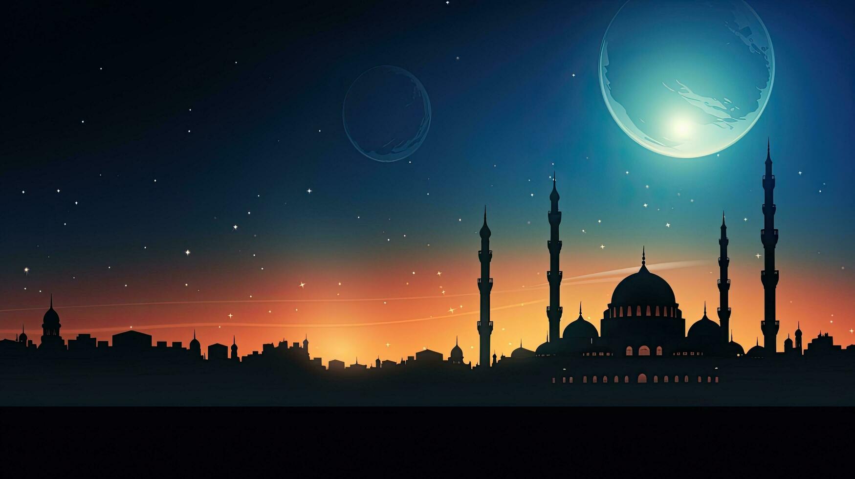 Islamic mosque at sunset with a beautiful moon in the sky creating a holy and serene night photo
