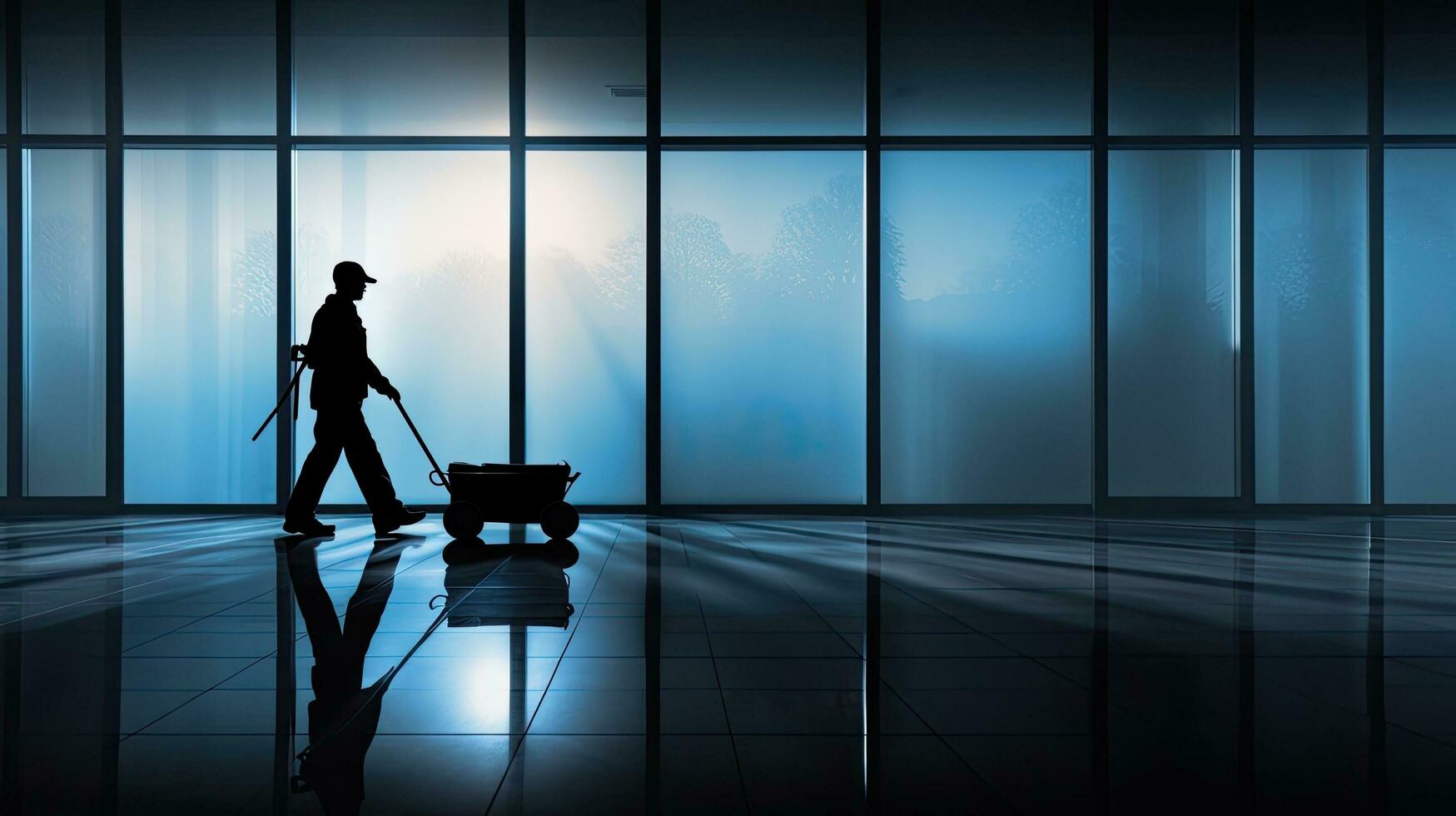 Janitor with cart walking through frosted glass breezeway silhouette photo