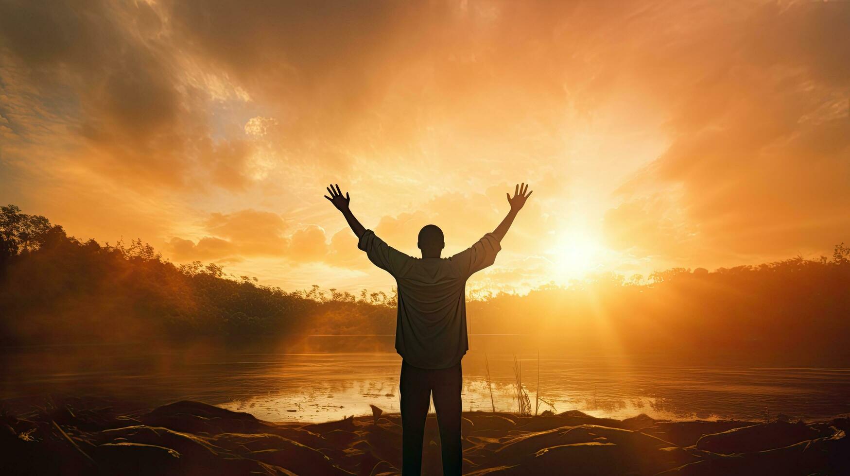 Man s silhouette with raised hands against sunset representing religion faith and devotion photo