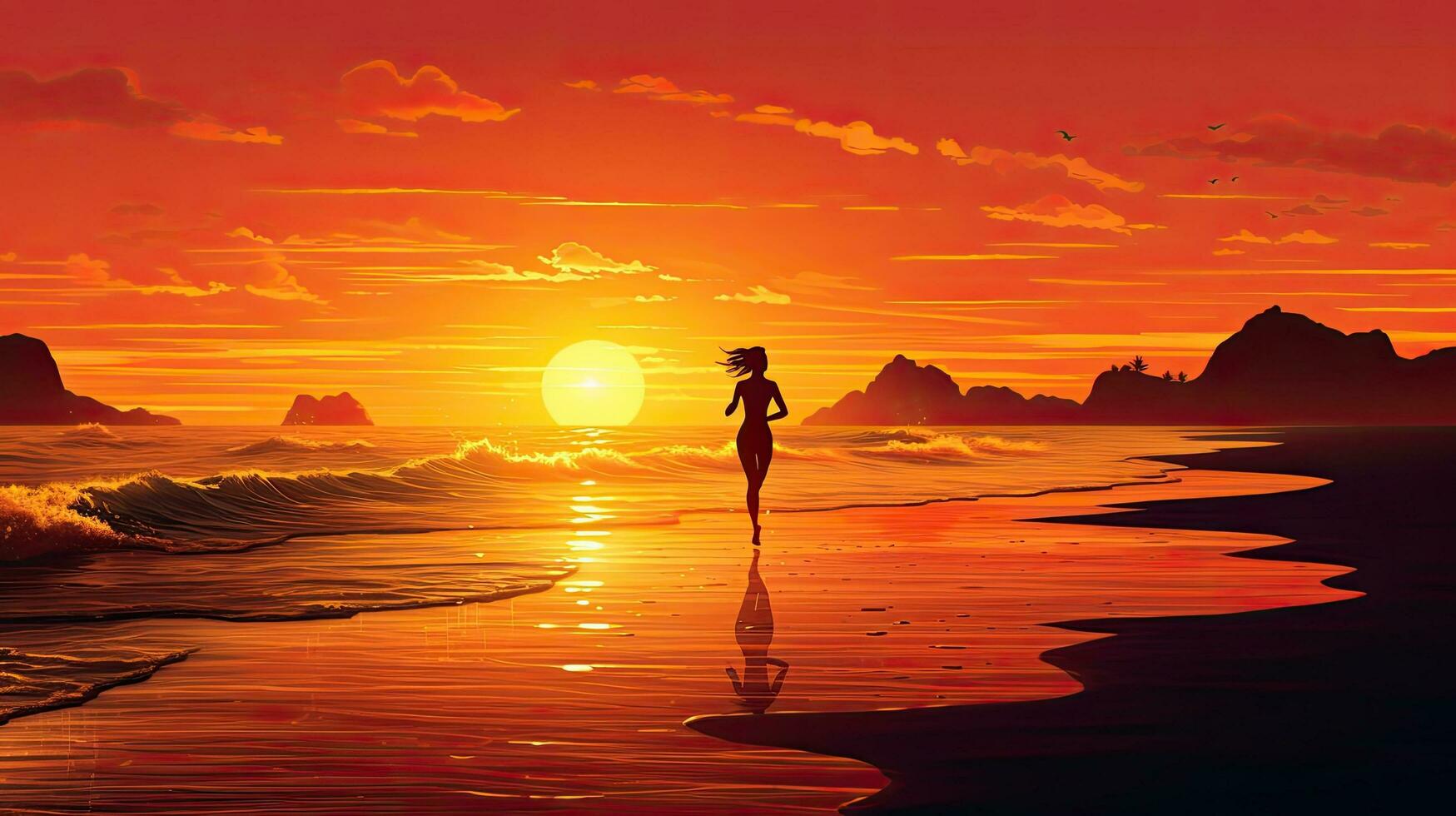 Running on the beach at sunset by the sea photo