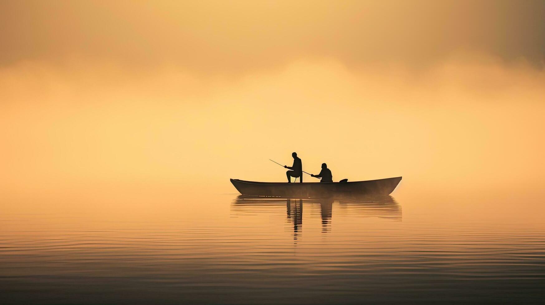 Two fishermen in a small boat on a calm lake obscured by morning fog photo