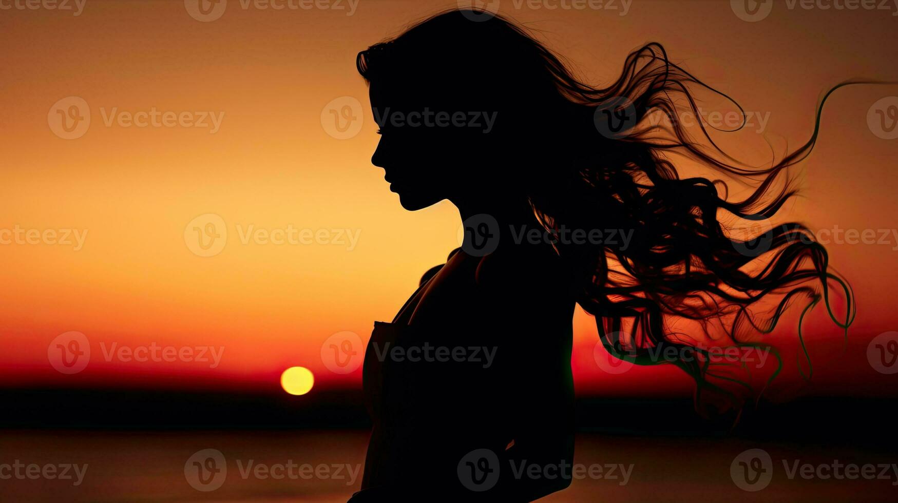Appreciating the Sunset Woman s Silhouette at Nightfall photo
