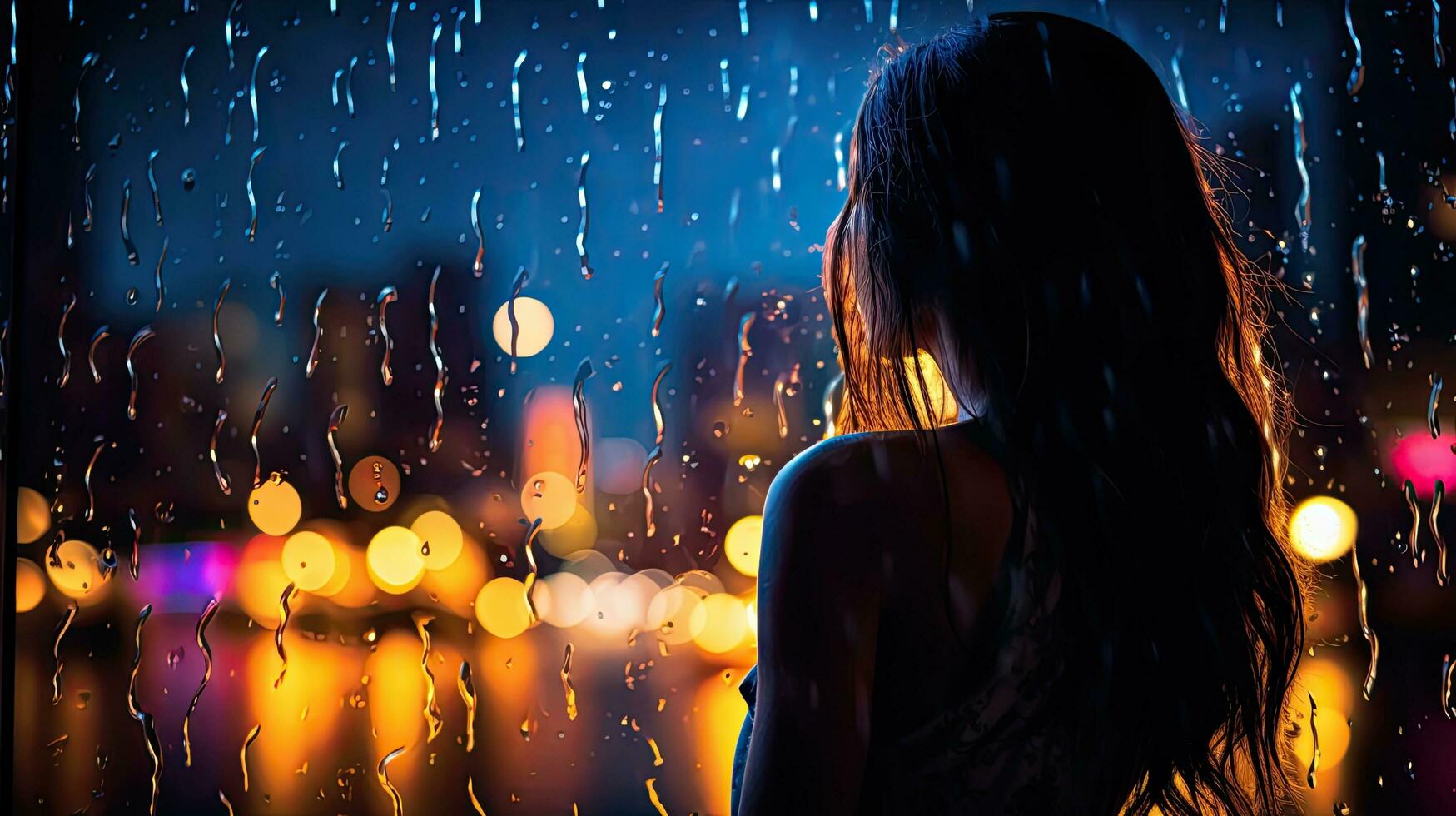 Raindrops on a blurred silhouette of a girl through a glass window on a city street after rain with colorful neon bokeh lights photo