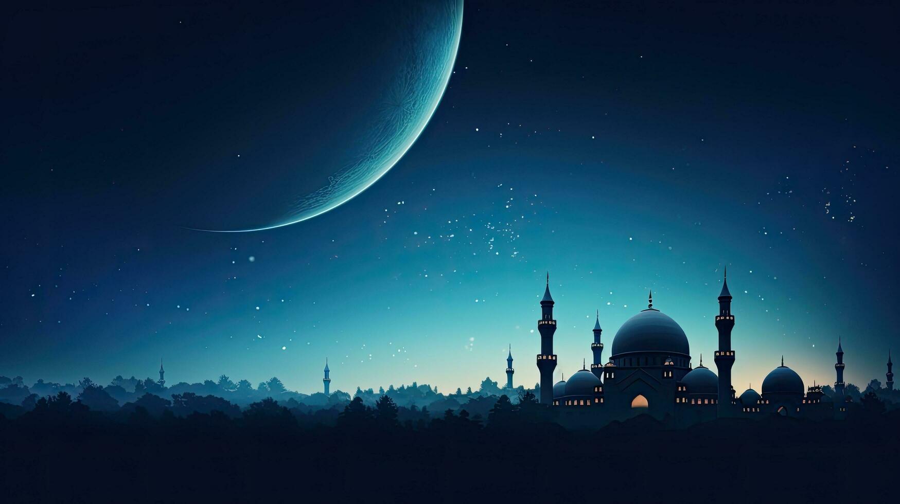 Mosques and Crescent Moon against twilight sky symbolize Islamic