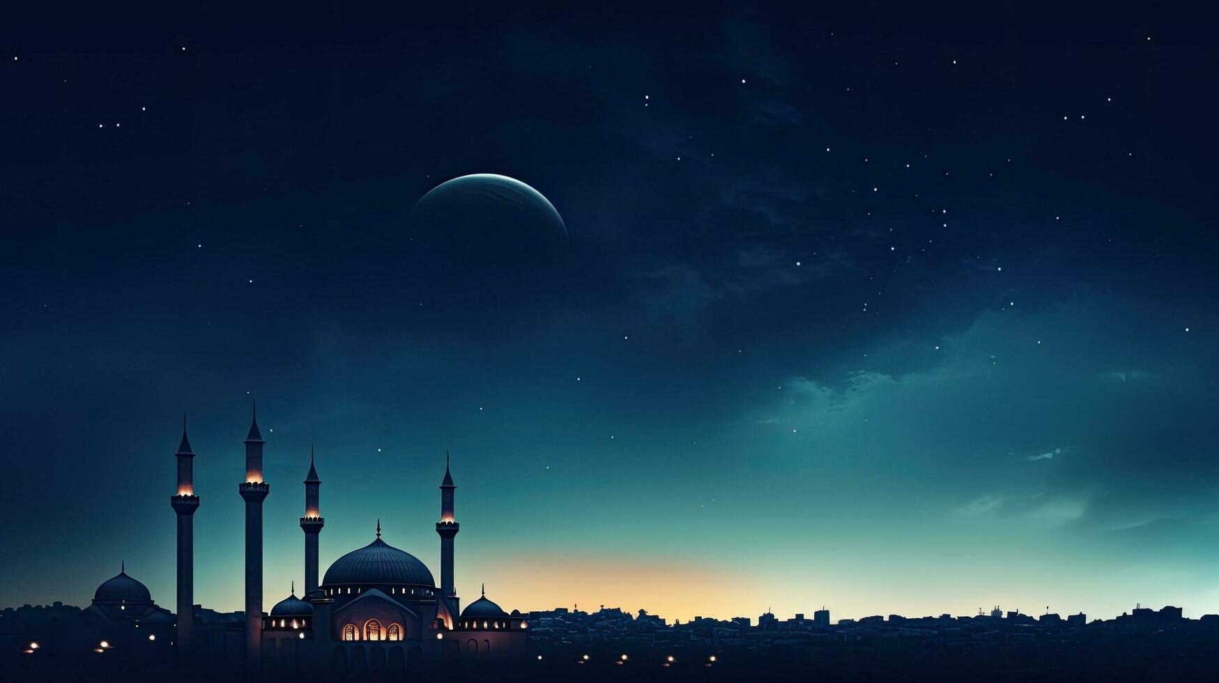 Mosques with dome on twilight sky Crescent Moon symbol space for Arabic text representing Islamic religion and holidays photo