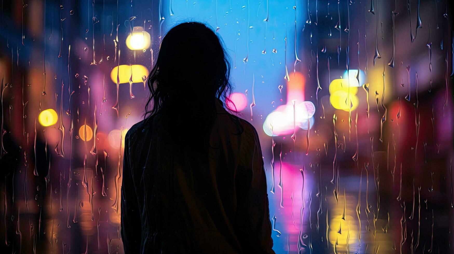 Raindrops on a blurred silhouette of a girl through a glass window on a city street after rain with colorful neon bokeh lights photo