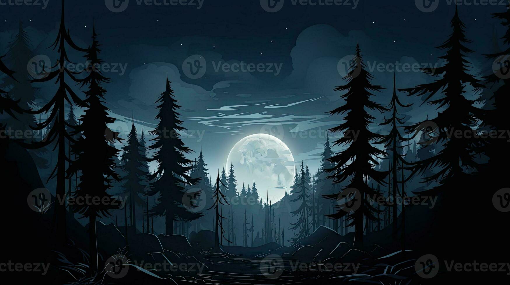 Halloween forest with spruce trees under a mysterious full moon photo