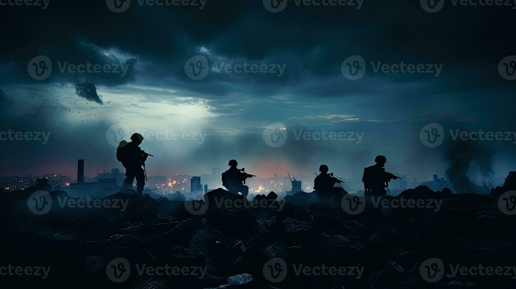 Selective focus on ruined city skyline at night soldiers silhouettes below foggy war sky depicting a fighting scene in the concept of war photo