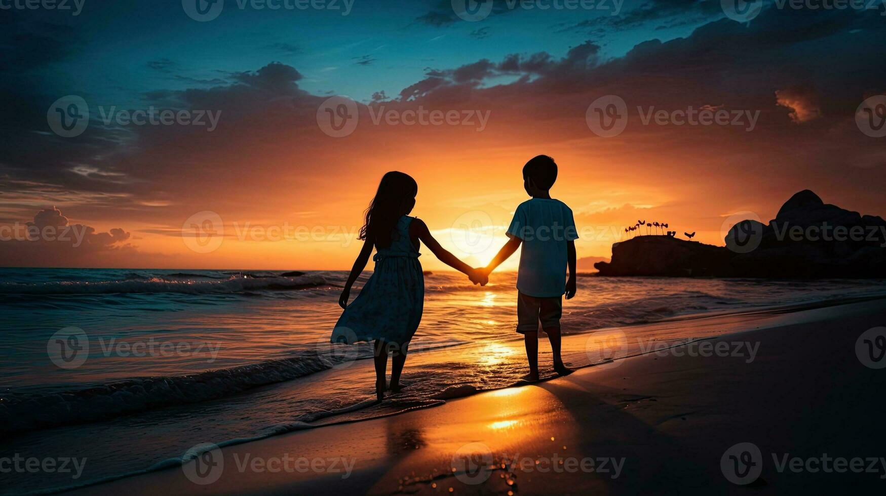 Kids silhouette holding hands at sunset on the beach enjoying tranquil moment with stunning colors photo