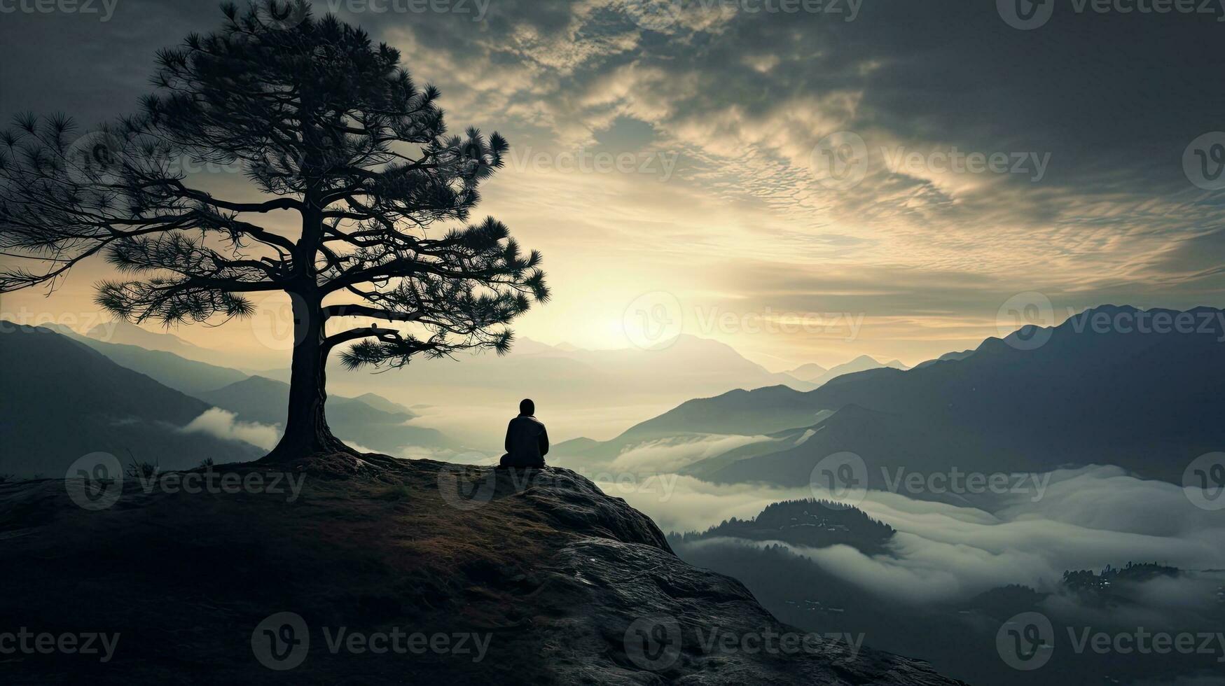 Mysterious silhouette perched on mountaintop with tree and distant mountains photo