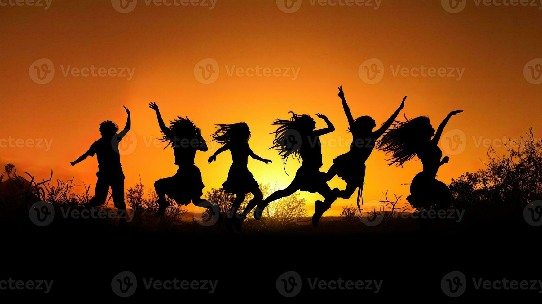 grupo bailando a puesta de sol en silueta foto