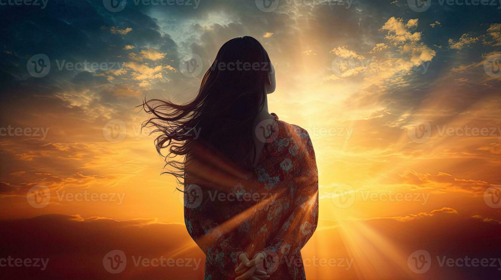 Woman praying against lovely sky backdrop photo