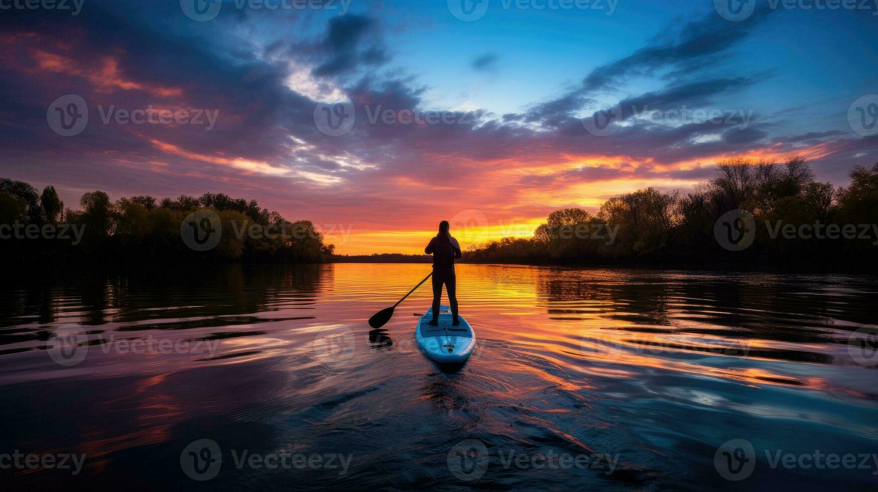 Silhouette of people on paddle board at sunset on calm winter river seen from blue kayak photo