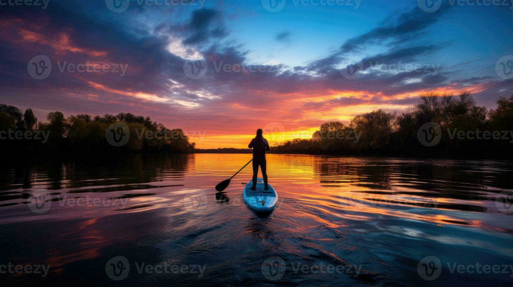 silueta de personas en paleta tablero a puesta de sol en calma invierno río visto desde azul kayac foto