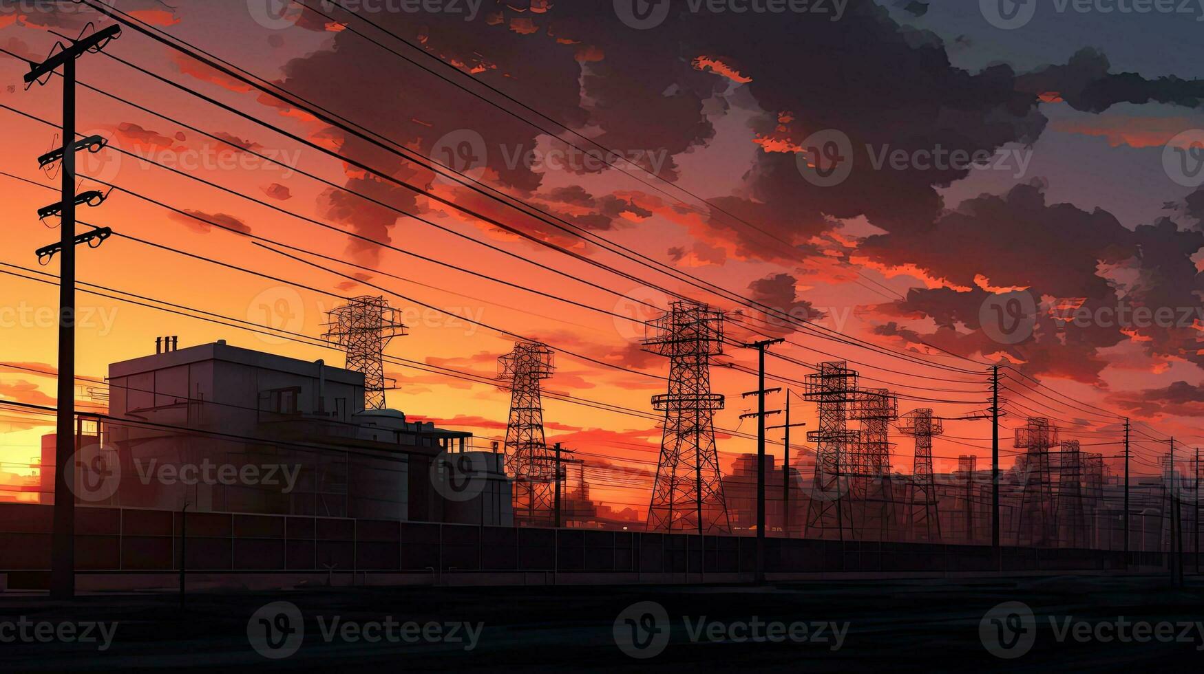Electricity is distributed at a substation for high voltage power plants photo