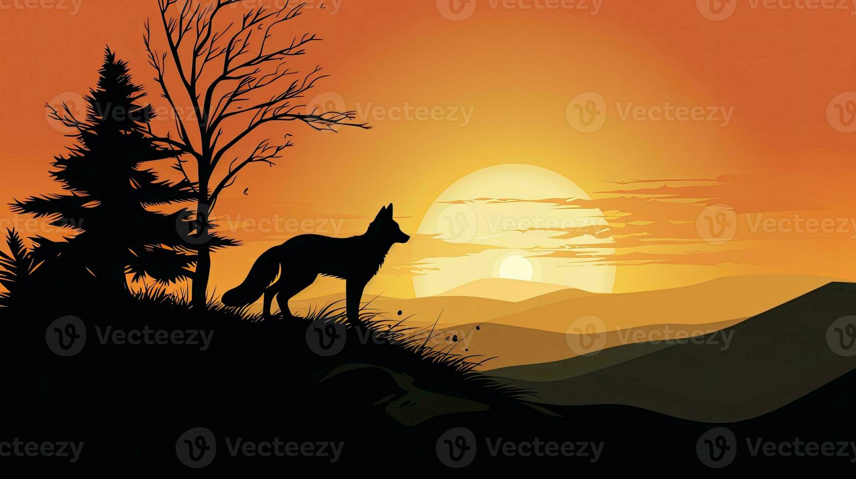 contorno de un zorro en un colina a amanecer foto