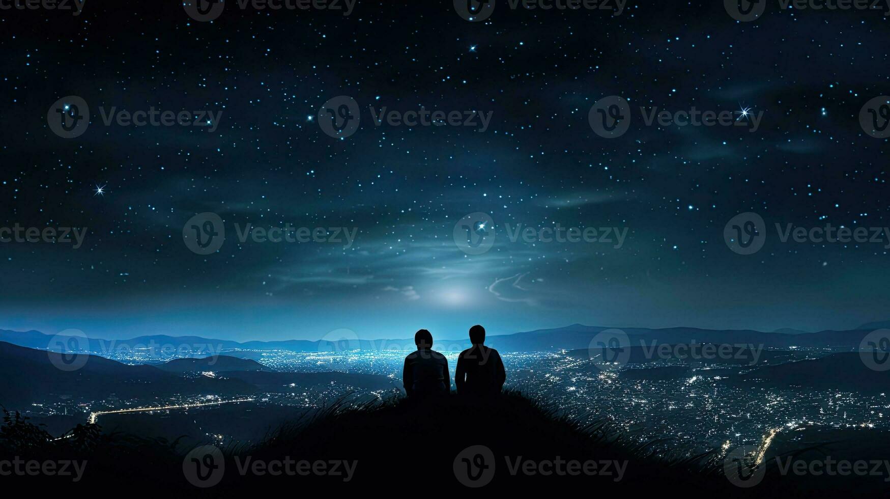 Two men embrace on a hill gazing at the starry city sky photo