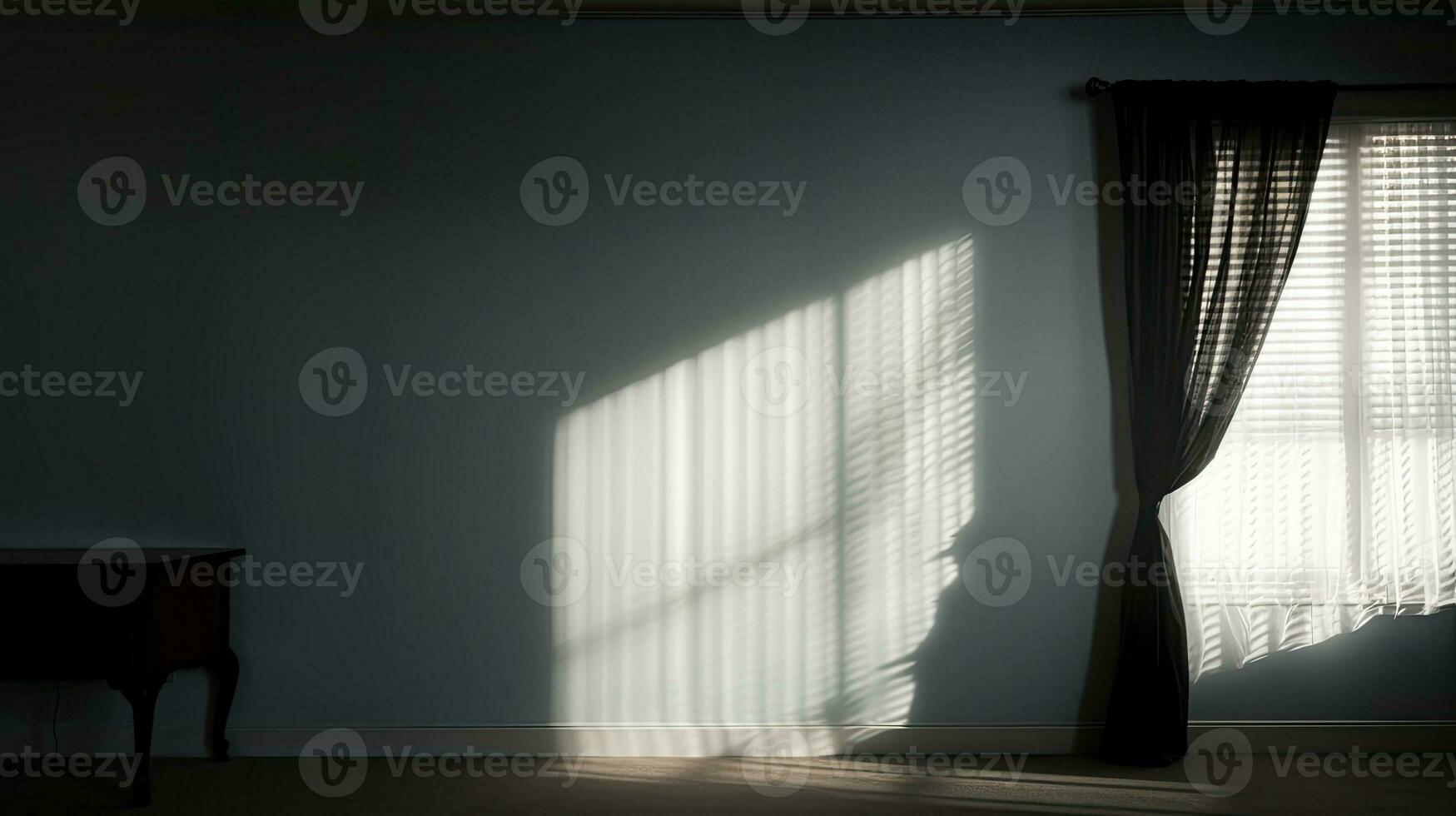 Shadows and silhouettes appear on the wall as the window light shines through the curtain photo