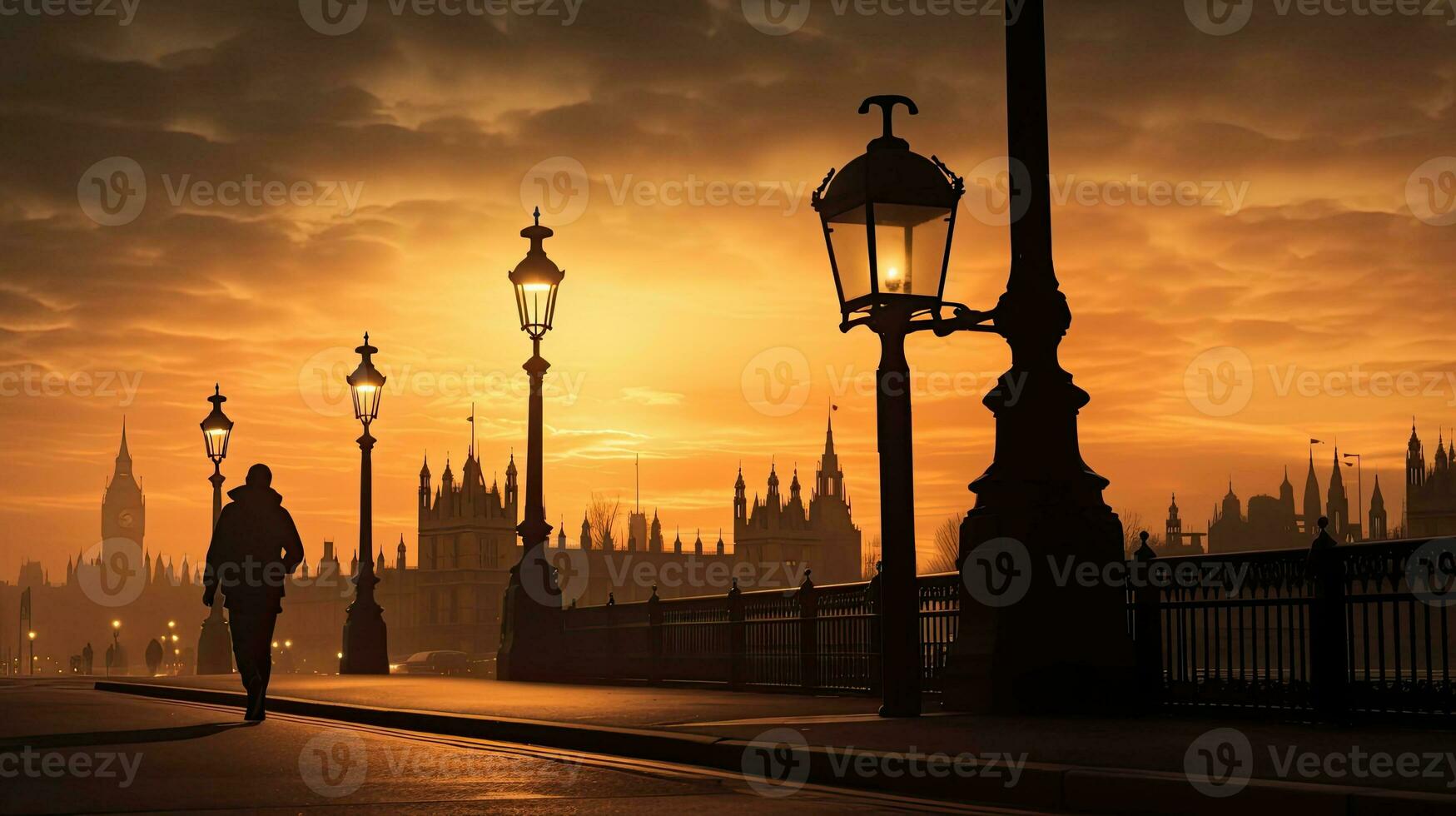 Gentle gothic streetlight on Westminster Bridge framed by blurred London Bus and person amidst fading summer sunset photo