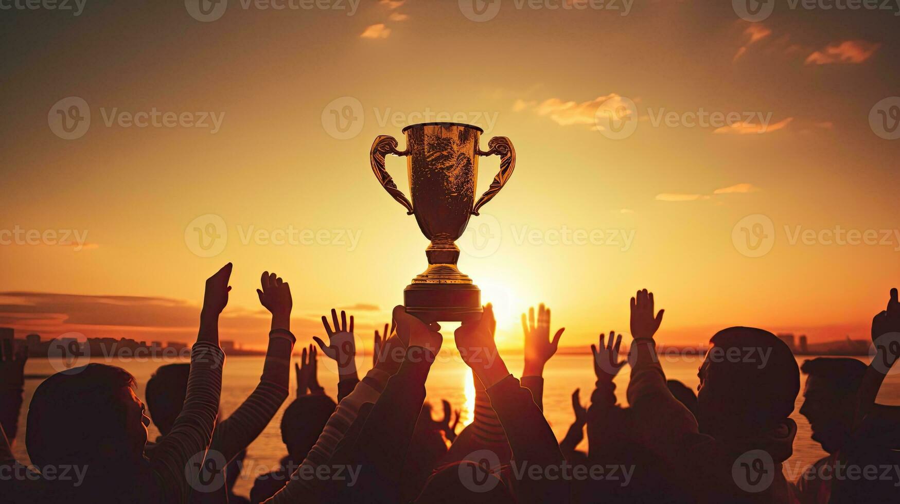 Victorious team triumphs under sunset with trophy and numerous silhouetted hands photo