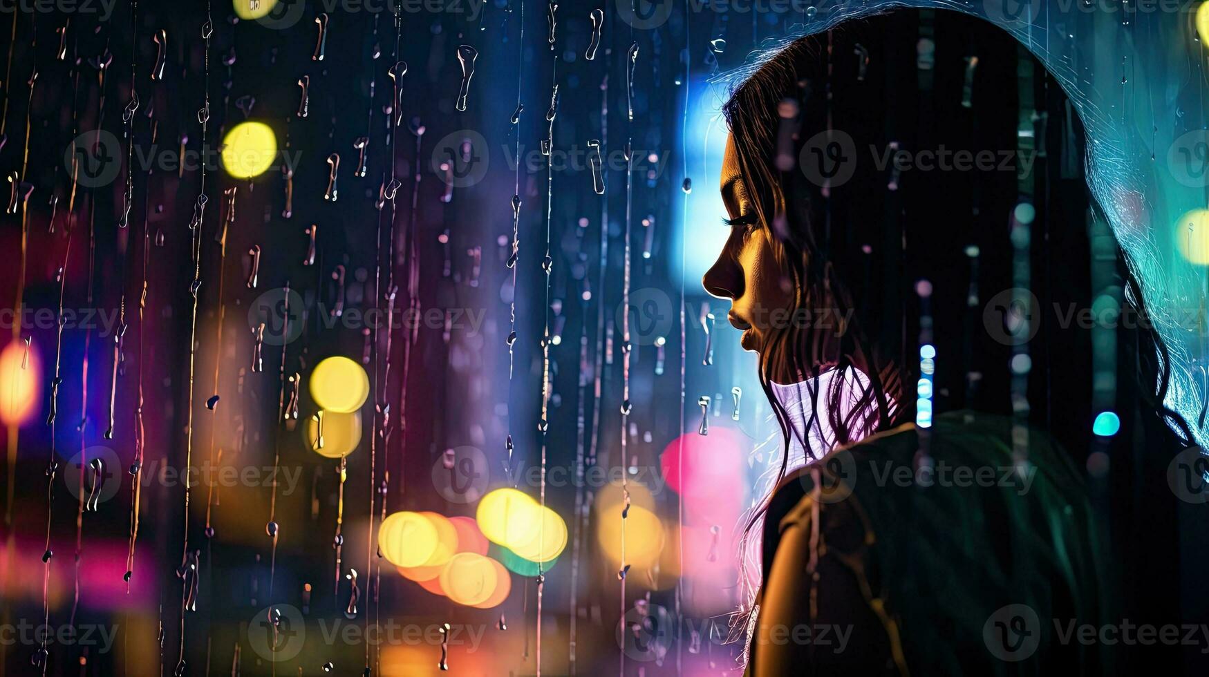 Raindrops on a blurred silhouette of a girl through a glass window on a city street after rain with colorful neon bokeh lights photo