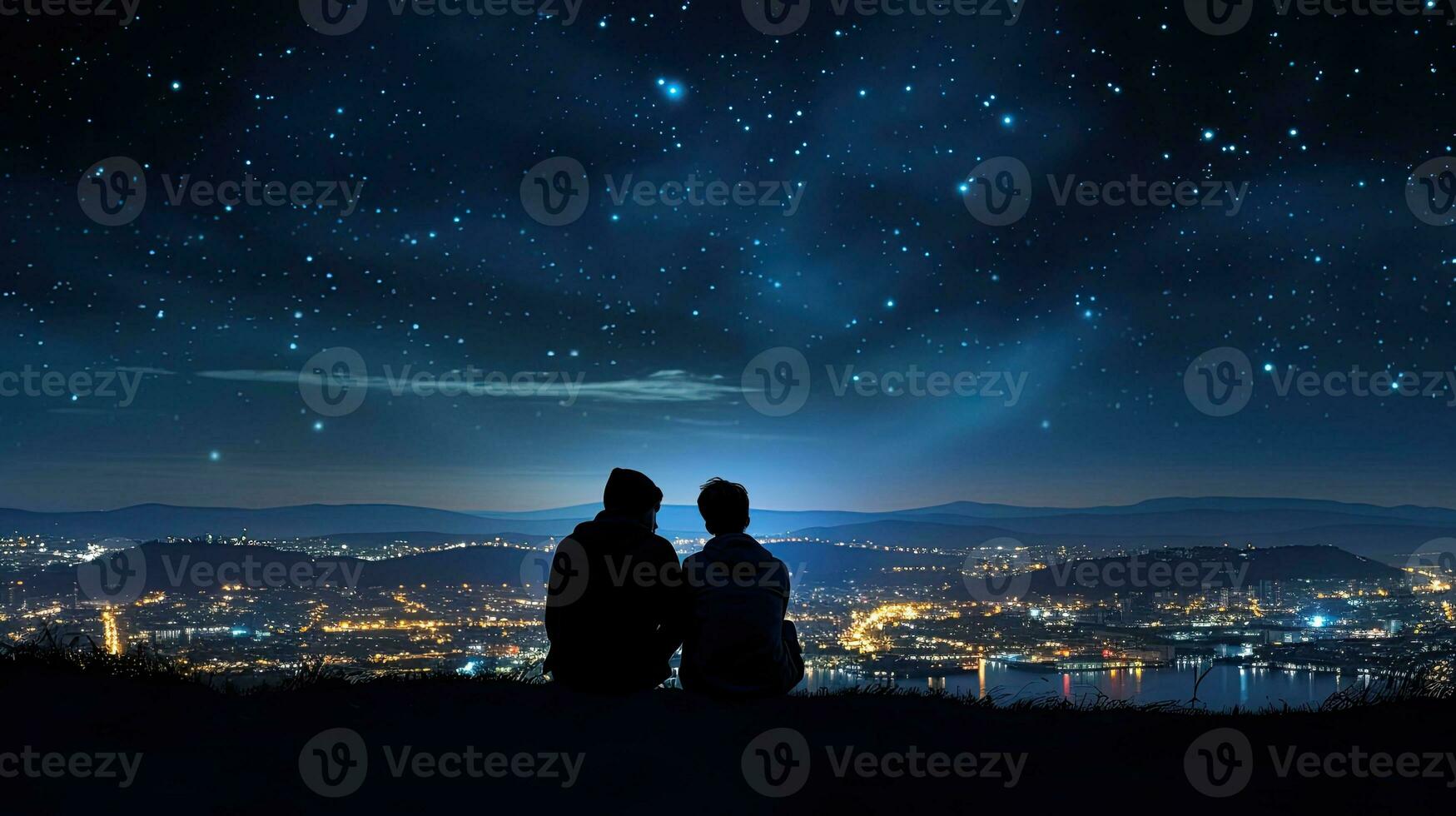 Two men embrace on a hill gazing at the starry city sky photo