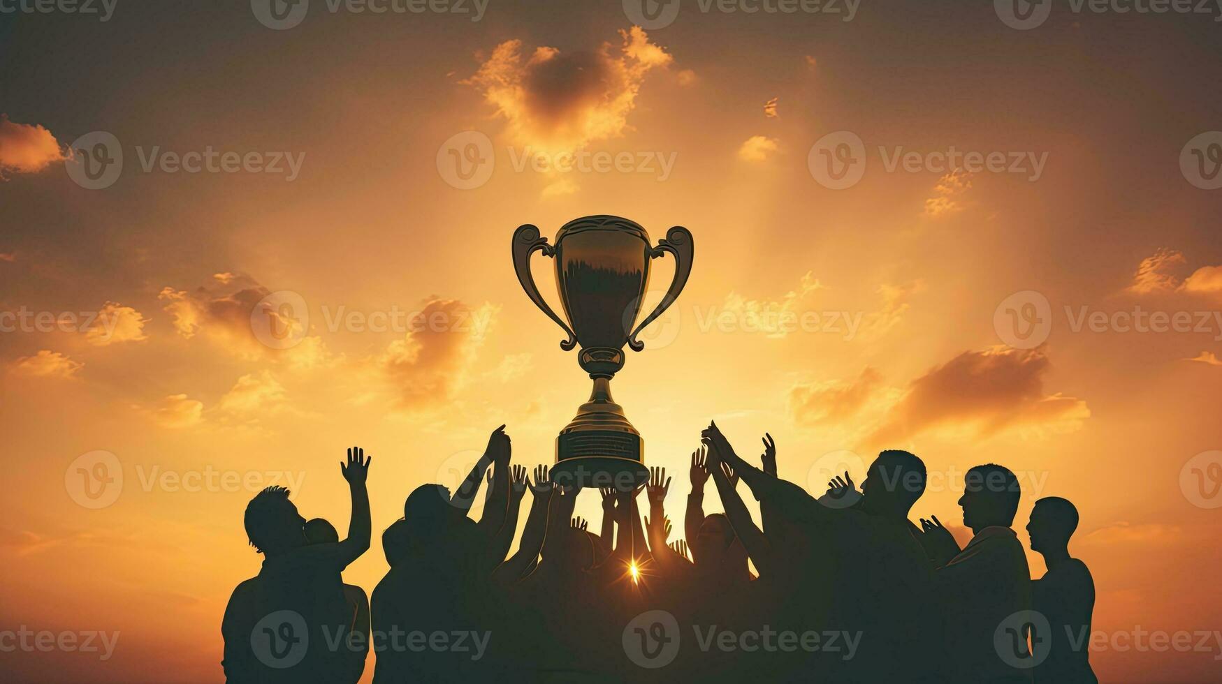 Victorious team triumphs under sunset with trophy and numerous silhouetted hands photo