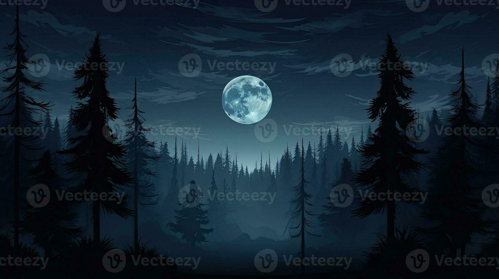 Víspera de Todos los Santos bosque con abeto arboles debajo un misterioso lleno Luna foto
