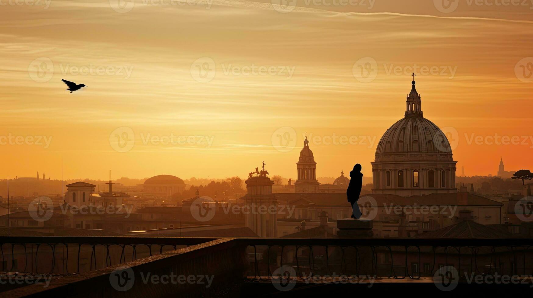 Silhouette of ancient Italian architecture viewed from a Rome rooftop at sunrise photo