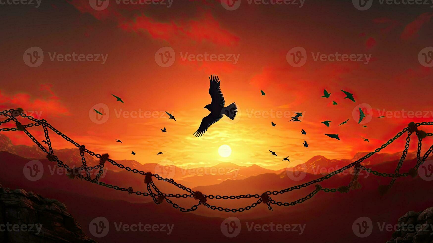 Freedom represented by bird flying and broken chains against sunset mountain backdrop photo