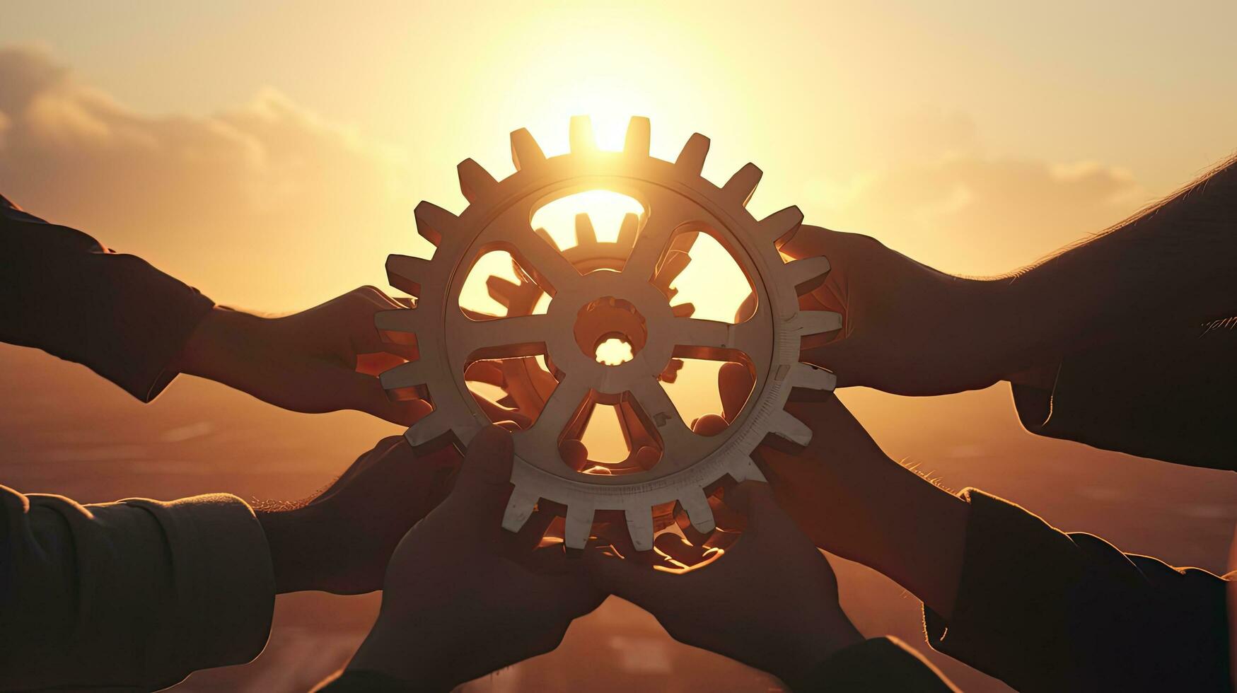 Teamwork concept represented by hands holding gear against a sunny backdrop photo