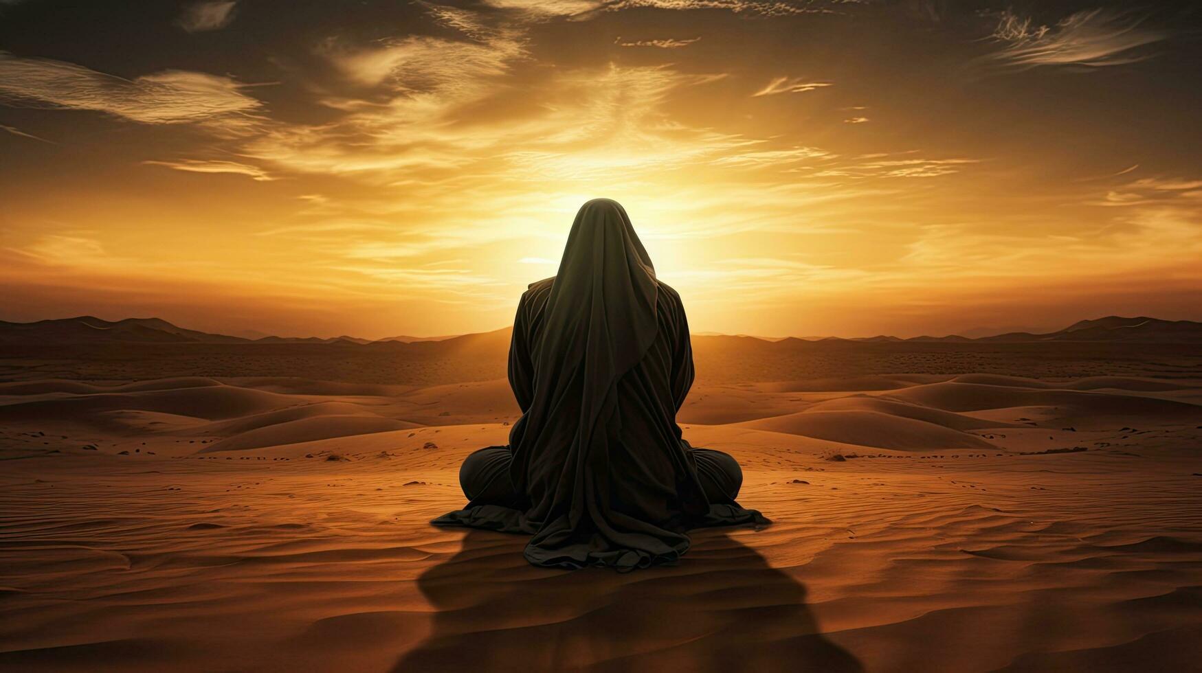 Muslim praying at dusk in the desert photo