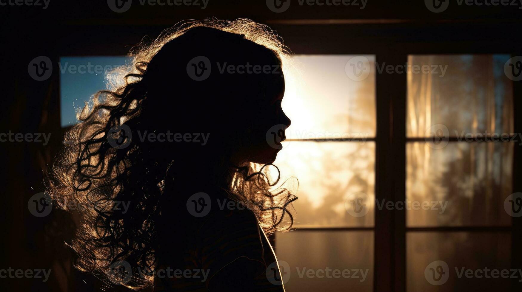 Backlit window showcasing silhouette of young girl with dark face and shining hair on vertical banner photo