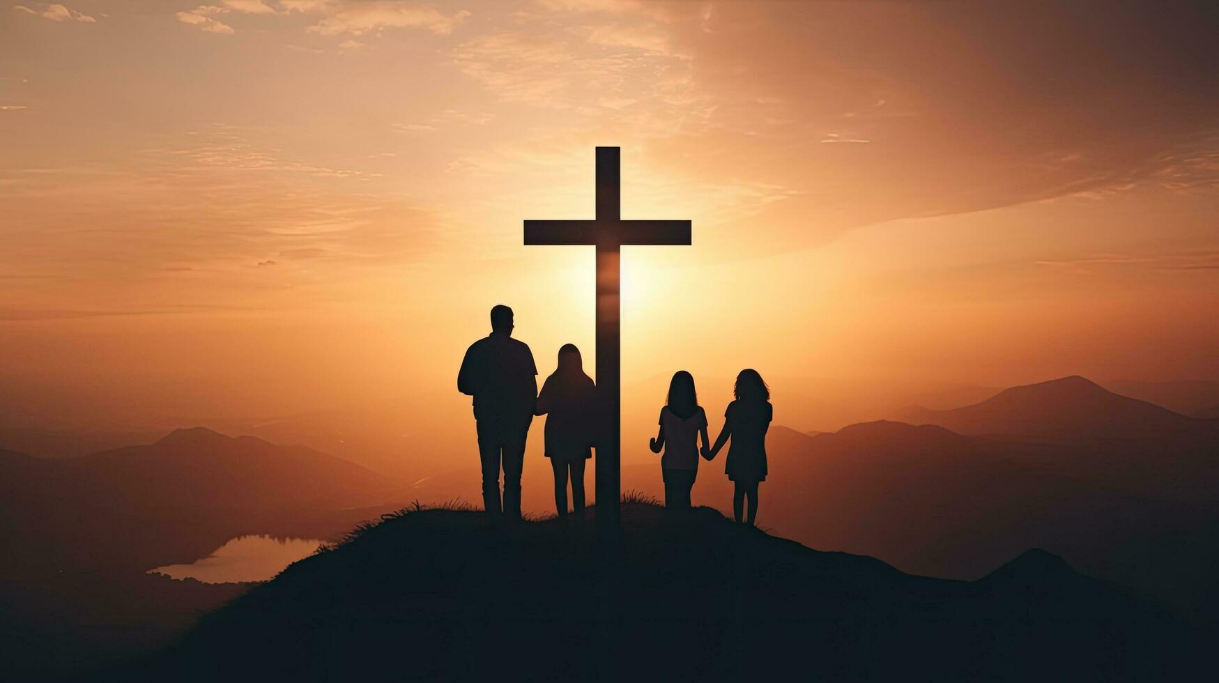 Christian family holding cross praying on mountain at sunset Easter Sunday concept photo